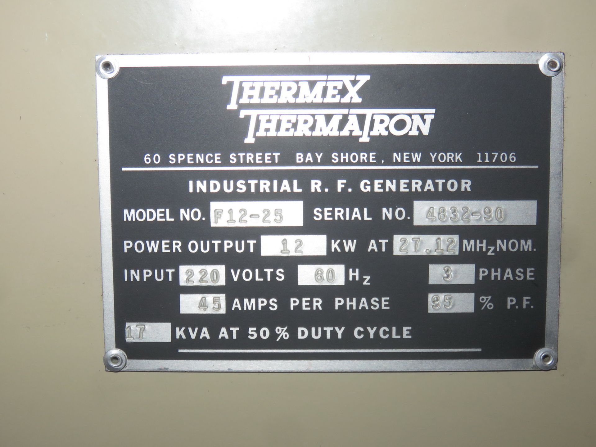 THERMATRON MOD 12-25 INDUSTRIAL RF WELDER, 12KW, C/W 20 X 30" HEATED PLATEN 10' ALUMINUM ROTARY - Image 3 of 3