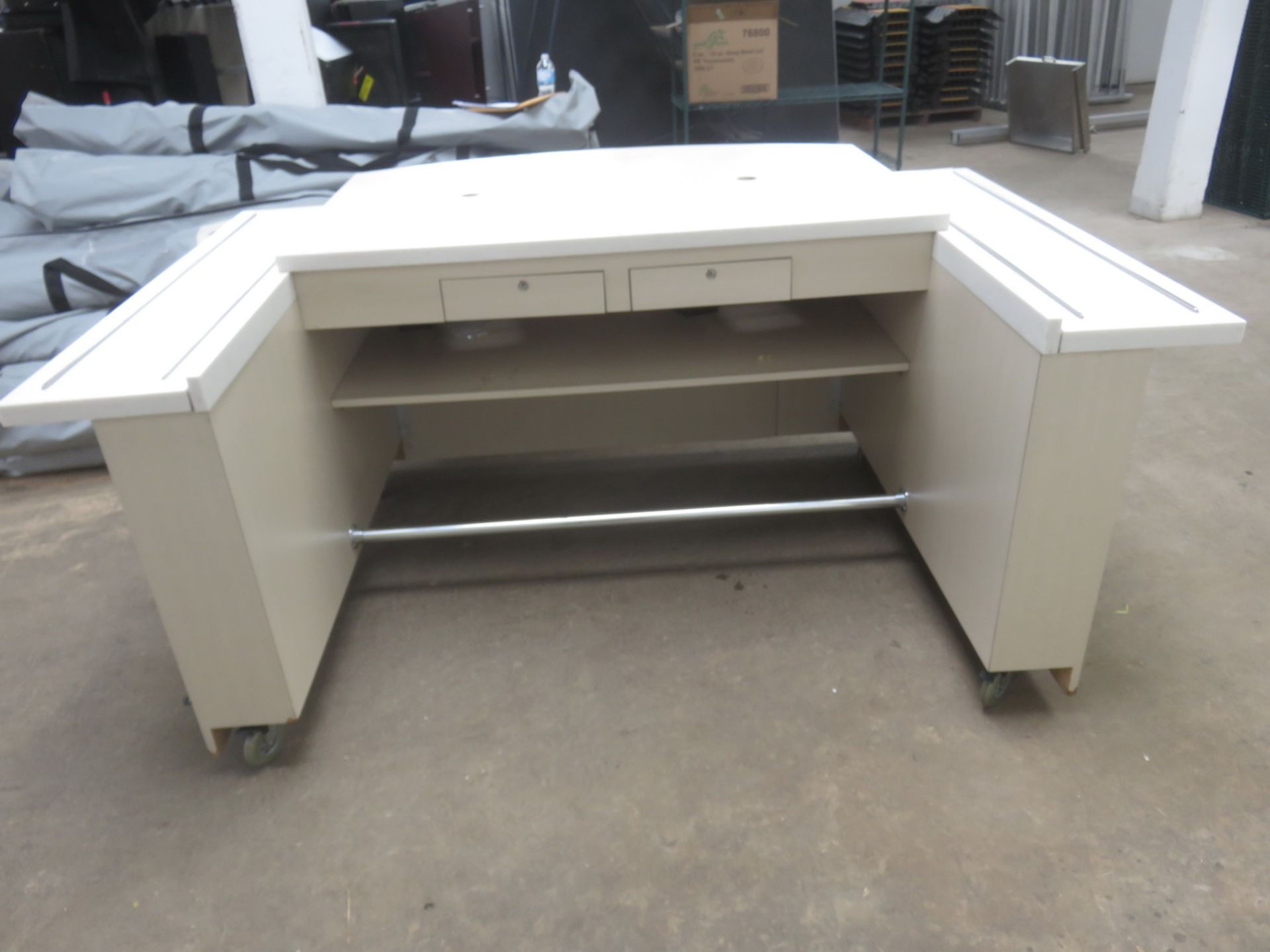 LOT - BEIGE MULTICOLOR 5' X 80"W ROLLING CAFETERIA CASH OUT COUNTER & 2-DOOR WASTE UNIT - Image 2 of 3