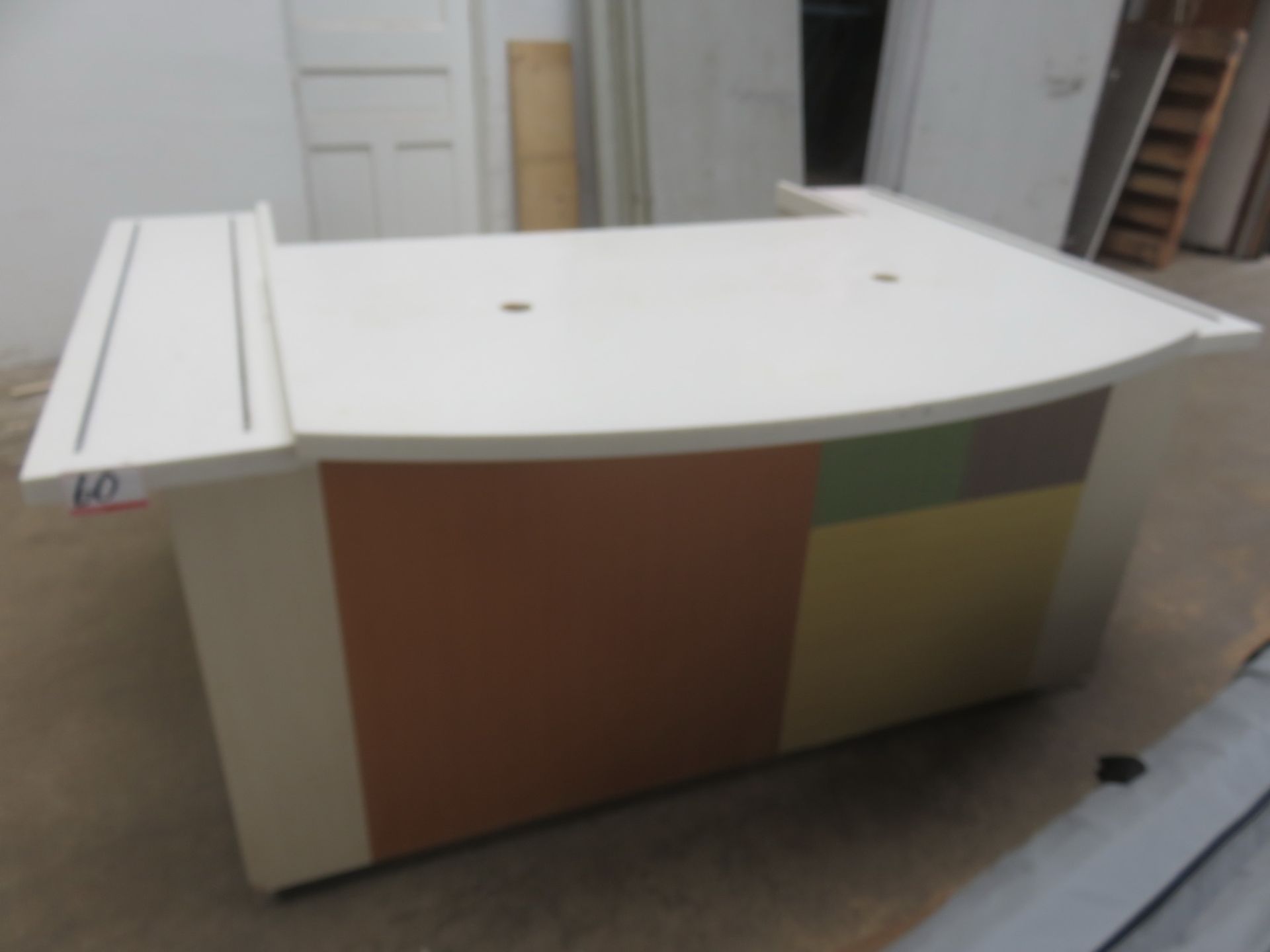 LOT - BEIGE MULTICOLOR 5' X 80"W ROLLING CAFETERIA CASH OUT COUNTER & 2-DOOR WASTE UNIT