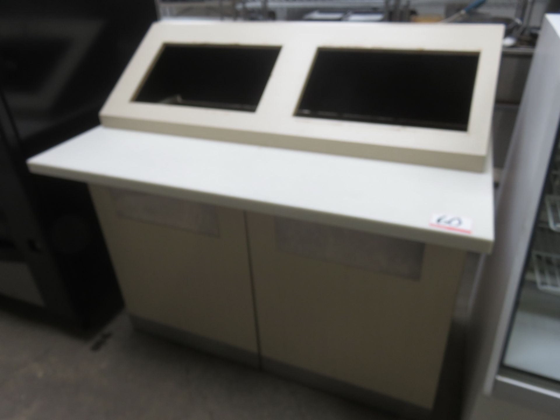 LOT - BEIGE MULTICOLOR 5' X 80"W ROLLING CAFETERIA CASH OUT COUNTER & 2-DOOR WASTE UNIT - Image 3 of 3