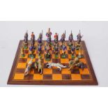 Schachspiel mit preussischen und englischen ZinnsoldatenMassiv gegossen, handbemalt, vollständig,