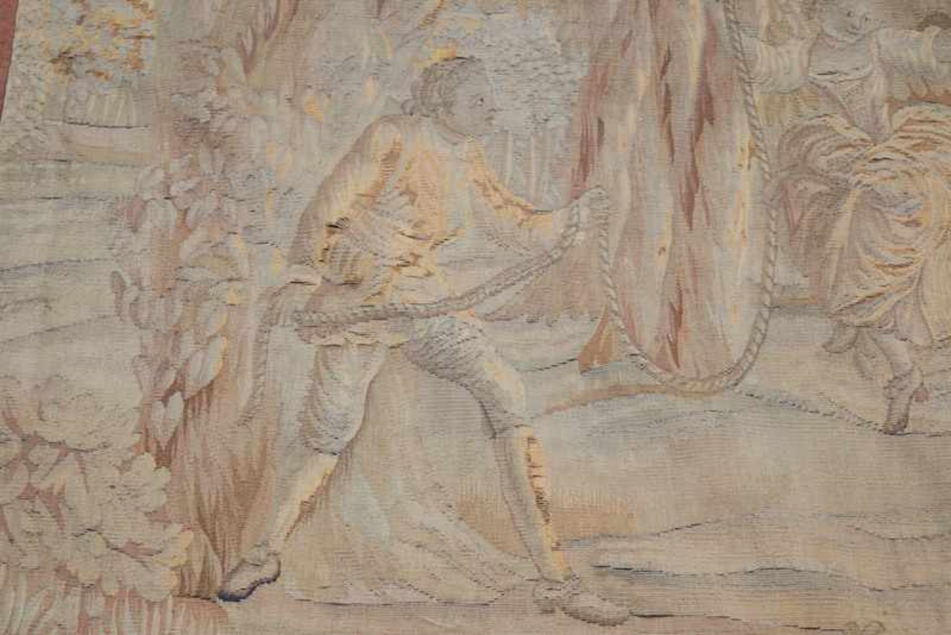 Gobelin mit Galanter Szene - Aubusson 1. H. 18. Jhd.Wolle mit Naturfarben, Flachgewebe, - Bild 5 aus 10