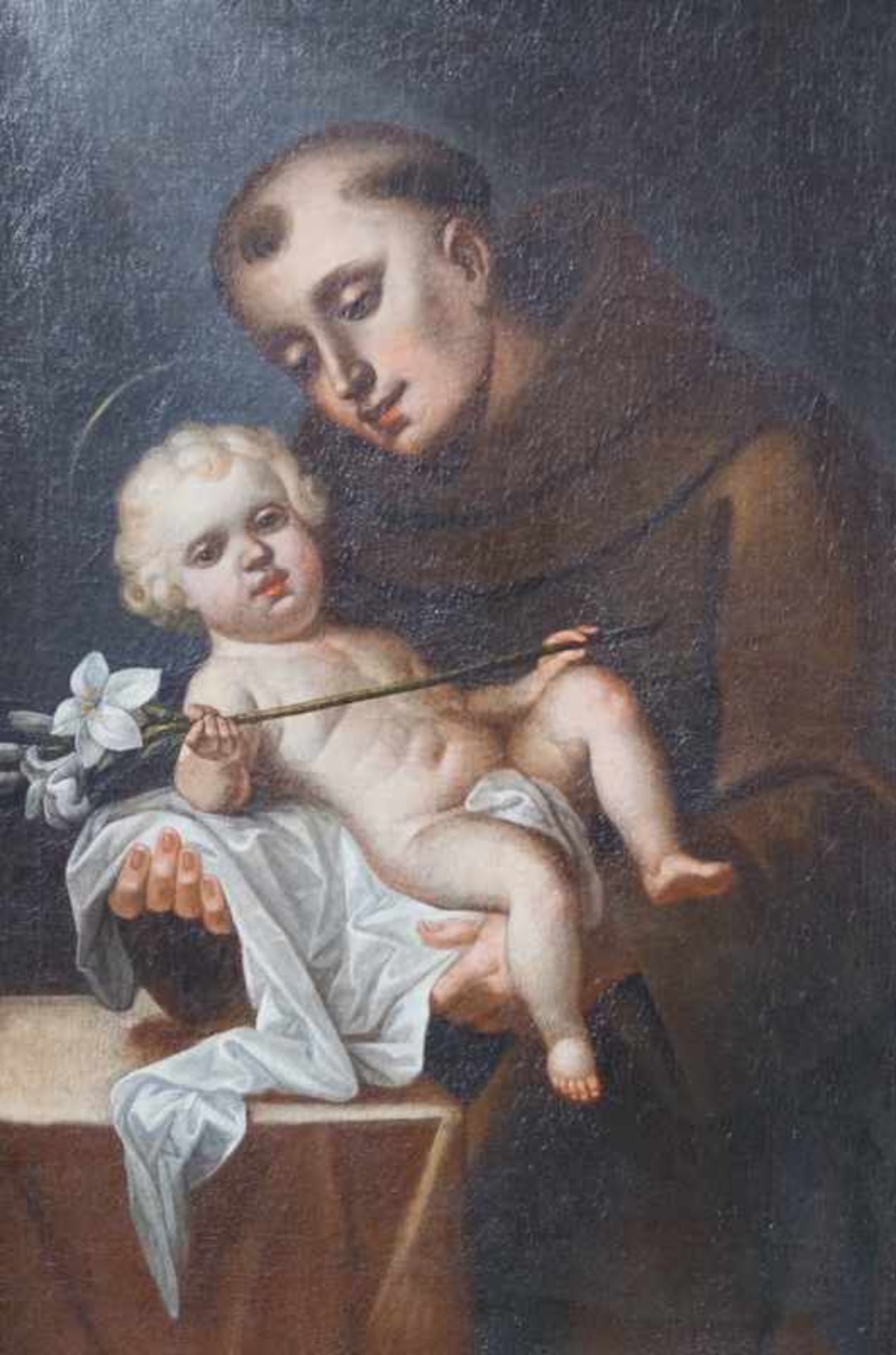 Heiliger Antonius von Padua mit Christuskind, Spanien, 17. Jhd.Öl auf Leinwand, auf Leinwand - Image 2 of 2