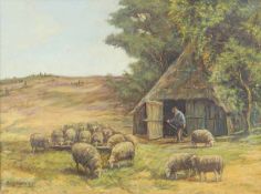 ten Broecke, H.A.: Schäfer mit seiner Herde in der HeideÖl auf Leinwand , links unten signiert und