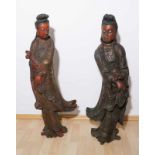 Pärchenantike große Buddha-Figuren, 18/19.. Jhd.Holz, geschnitzt und partiell bemalt und vergoldet ,