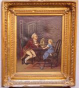 Genremaler J. Bredov des 19. Jhd.: Musikstundevor einer Stellwand an einem Tisch sitzen ein Junge