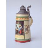 Großer Bierhumpen, um 1900Zinnmontierung, Keramik, handbemalt mit schöner Wirtshausszene, innen am