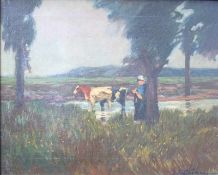 Dürschke, Max (attr.) (*1875 Glatz, † 1930): Bäuerin mit Kuh an der TränkeÖl auf Leinwand, rechts
