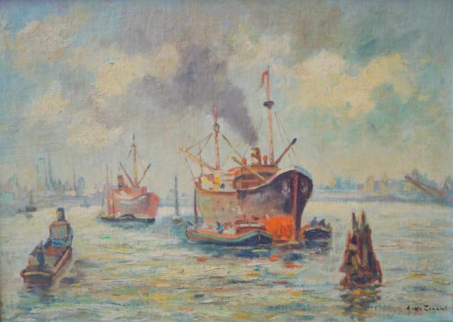 Terhell, Adriaan (1863 Venlo - 1949): Hafenansicht von Rotterdam mit FischkutternÖl auf Leinwand,