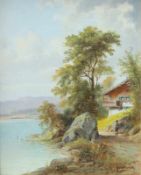 Volaneck, Raimund (1857 Wien -1924 ebd.): Baumbestandenes Chiemseeufer mit HolzhütteÖl auf Holz,