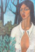 Mexikanischer Künstler des 20.Jhd: Porträt eines Mädchens mit weißer Bluse, dat.(19)79Ölkreide auf