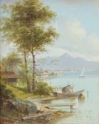 Volaneck, Raimund (1857 Wien - 1924 ebd.): Anlegestege am Bodensse mit SeegelbootenÖl auf Holz,