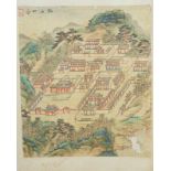 Chinesische Seidenmalerei, wohl 1. H. 19. Jhd.vogelperspektivische Ansicht einer Stadt inmitten