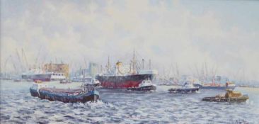De Jongere, Marinus Adrianus (1912 Rotterdam - 1978 ebd.): Der Hafen von Rotterdam mit Travlern