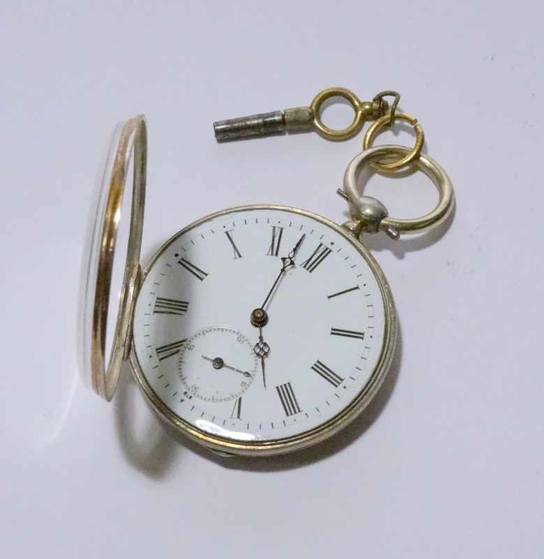 2 Taschenuhren m. Schlüsselaufzug, 925 Silber, vor 1880gut erh. Emaillezifferbaltt mit röm. Ziffern,