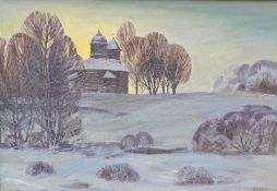 russischer Maler des 20.Jhd.: Abendliche Landschaft mit Orthodoxer Kirche, dat. (19)92Öl auf