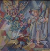 Maler des 20.Jhd.: Kubistisches Stilleben mit Kaspar, Puppe und Blumen, dat. (19)48Öl auf Leinwand