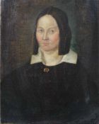Poträt einer Dame, wohl 17. Jhd.Dame in dunkler Kleidung mit Brosche und mehreren eng am Hals