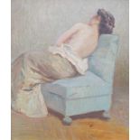 Weibl. Rückenakt, um 1900Öl auf Künstlerbord, Darstellung einer jungen Frau dem Betrachter abgewandt