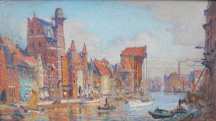 Urtnowski, Theodor (1881 Thorn - 1963 Danzig): Der Danziger Hafen mit KrantorÖl auf Hartfaser, unten