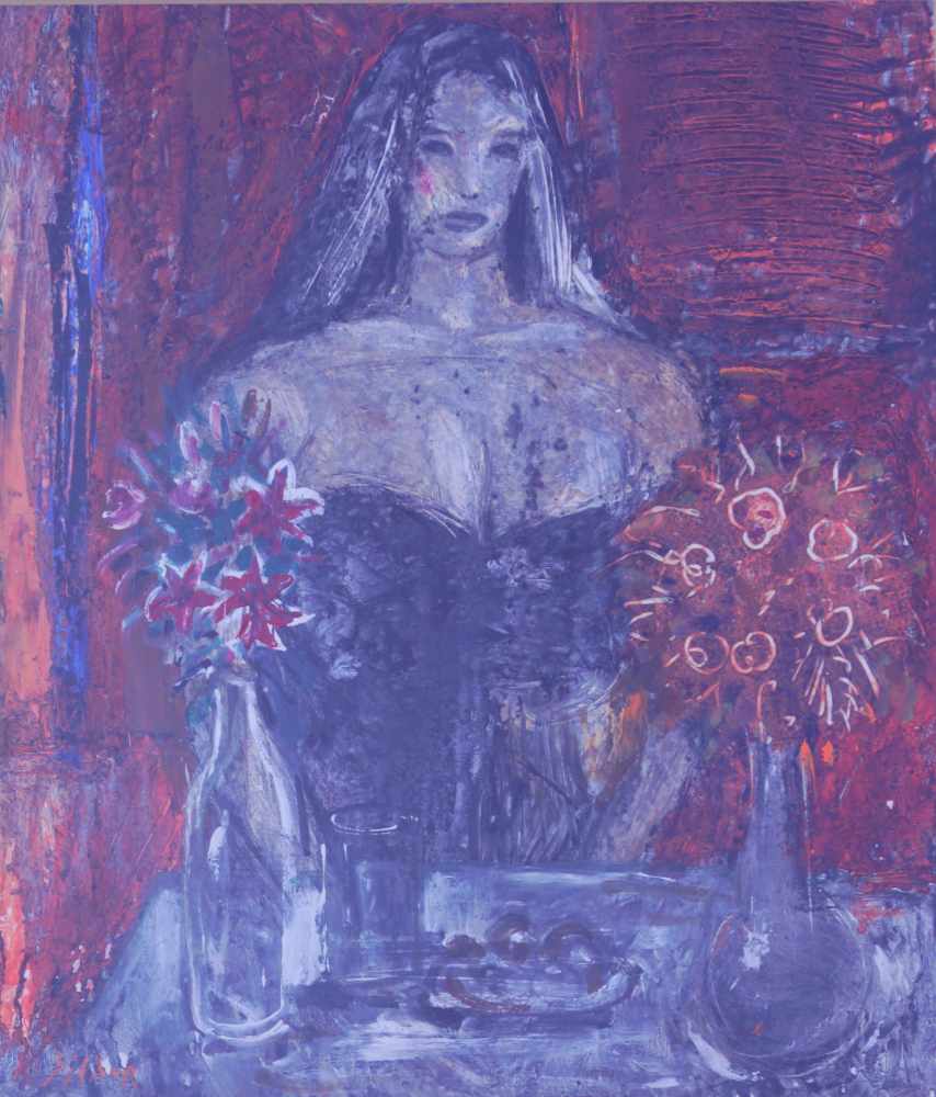 Jacob Gildor (*1948): Abstraktes Bildnis einer Frau mit Blumensigniert "Gildor" unten links, Öl
