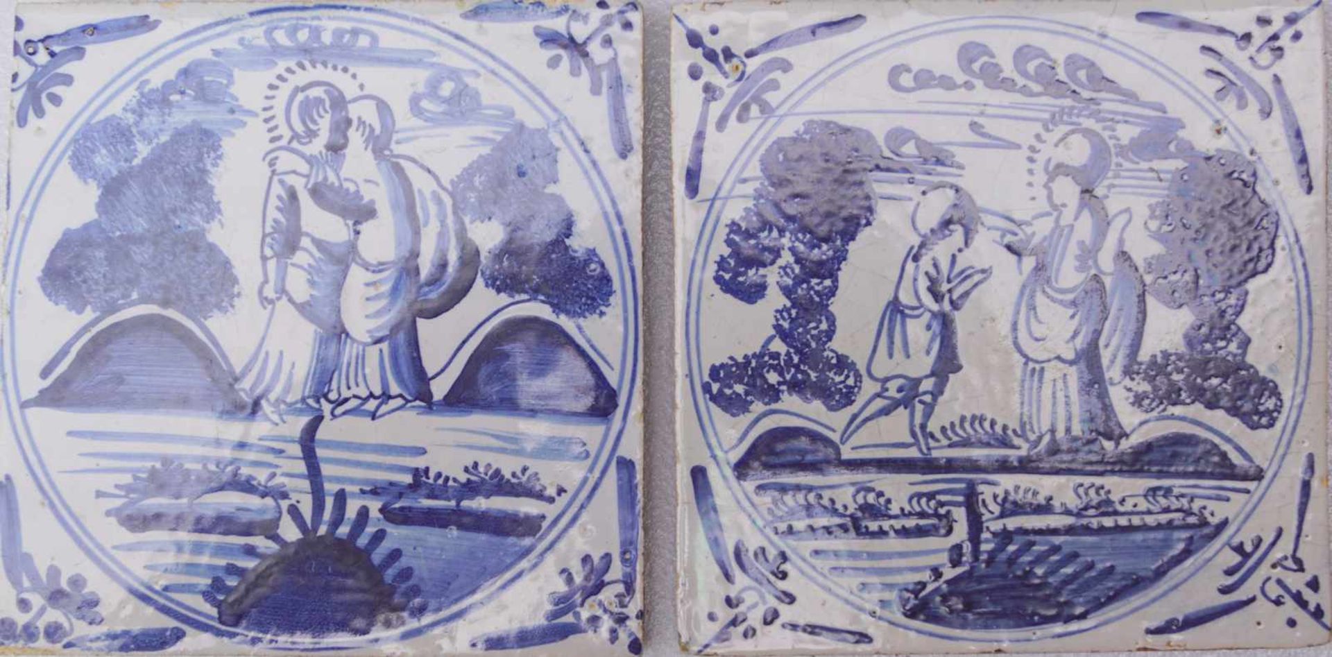2 niederländische Kacheln mit bibl. Motiven, 19. Jhd.Keramik mit monochromer Malerei, 1 Kachel an