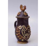 Marburger Keramik: Große Kaffeekanne, dat. 1873Alterskrakelee, braun glasierte, ockerfarbene Scherbe