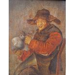Lachender Zecher mit Weinkrug, 17. Jhd.Öl auf Holzpaneel, ohne erkennbare Signatur, Maße: 25,8 x