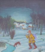 Wanderer vor verschneitem Dorf, 1979Im Stil der Naiven Kunst gemalt, steht ein Wanderer mit seinem