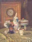 Maler der Jahrhundertwende, um 1900: Stilleben mit Rahmenuhr und PuppeÖl auf Sperrholzplatte,