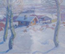Gminska, Engelbert (Köln 1888 - 1923 New York): Hütten in sonniger WinterlandschaftGouasche auf