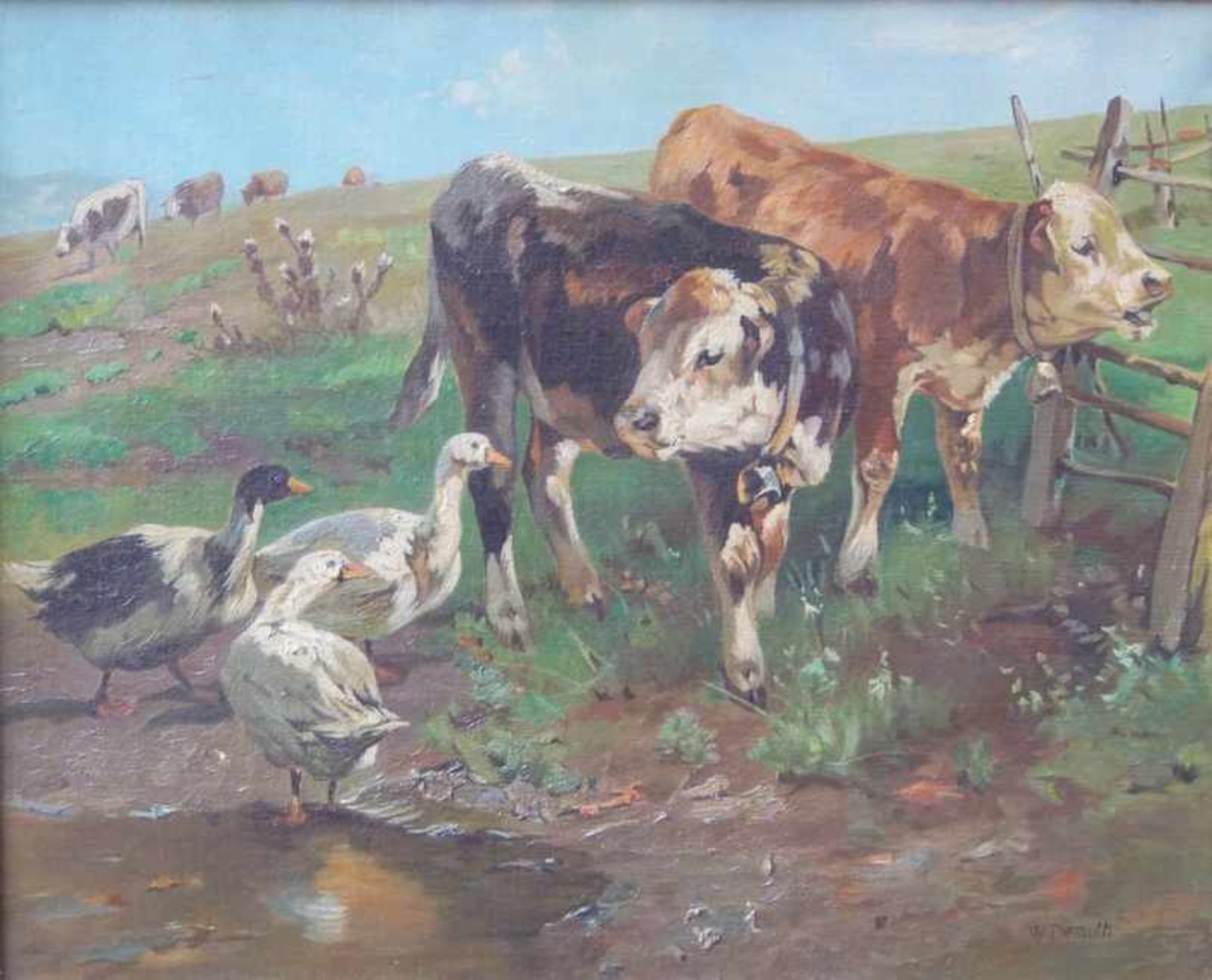 Demuth, W. (unentschlüsselt): Weide mit Kühen und GänsenÖl auf Leinwand, unten rechts signiert, 40 x