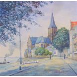 Meißner, F.: Ansicht einer Kirche im RheinlandAquarell auf Bütten, Ansicht einer Ufersituation mit