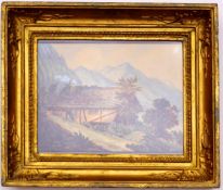 Maler des 19. Jhd.: Gebirgslandschaft mit Bauernhaus, 19. Jhd.Aquarell auf Bütten, ohne erkennbare