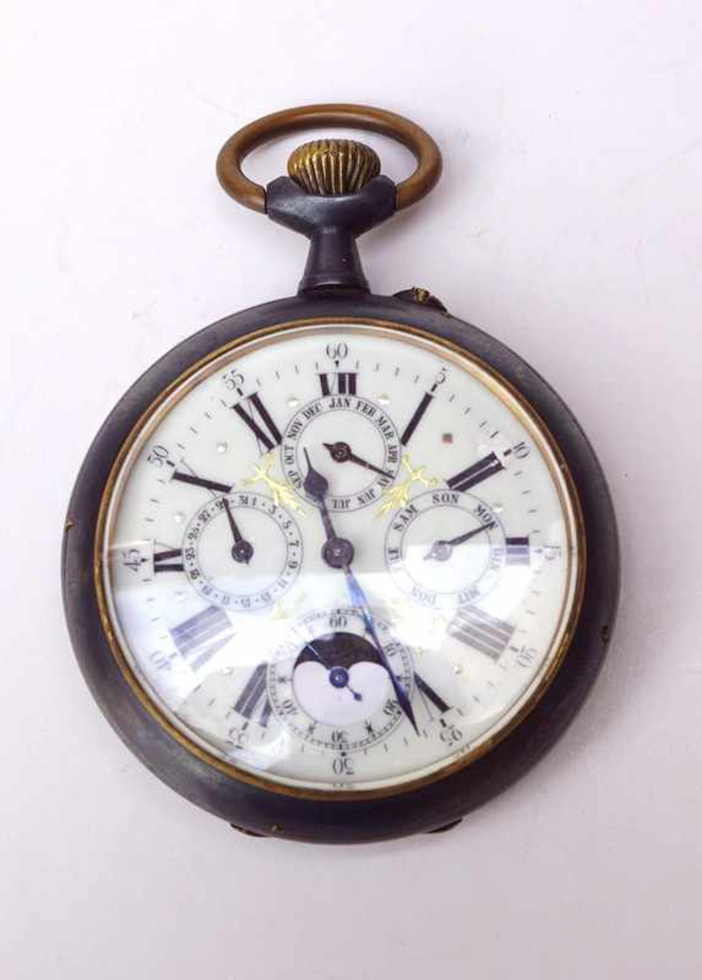Große Taschenuhr mit ewigem Kalender, um 1900Gebläutes Eisengehäuse, Anzeigen für Stunde, Minute,