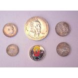 Sieben historische Silbemünzen1x Kopeke Peter der Große 1824, 1x Hindenburg "Treuster Diener