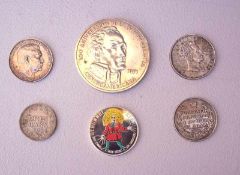 Sieben historische Silbemünzen1x Kopeke Peter der Große 1824, 1x Hindenburg "Treuster Diener