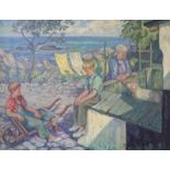 Glud, Wilfred Peter (1872 Kopenhagen-1946 ebenda): Sommeridyll mit Kindern und Bäuerin an einer