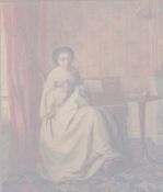 Fridolin Becker (1830-1895): Biedermeierliche Interieurszenerie mit nähender FrauSigniert unten
