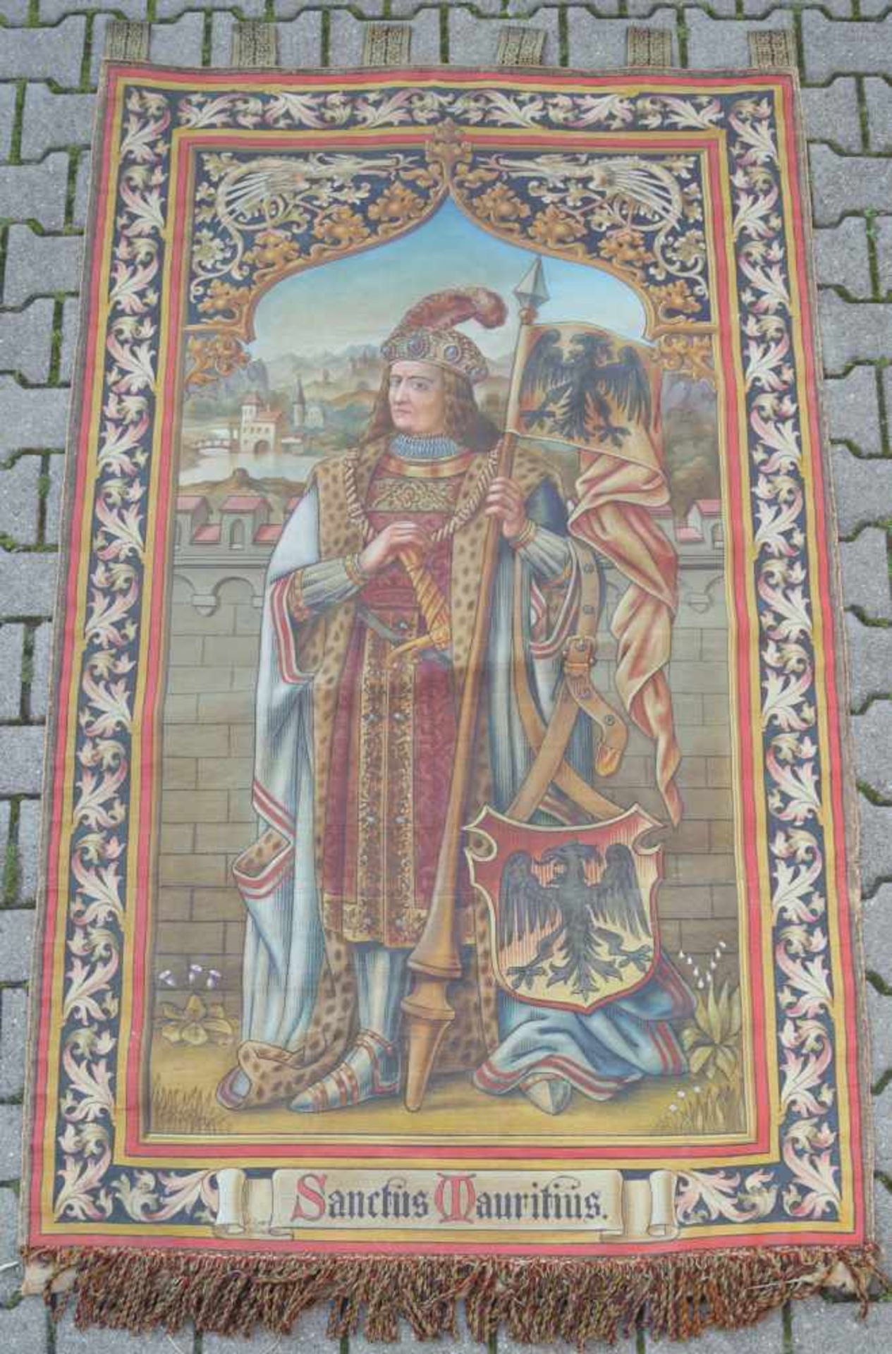 Wandteppich mit der Darstellung des Heiligen Maritius, 19. Jhd.Stoff, handbemalt, unten bez. "