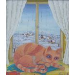 Liegende Katze vor Fenster, 1978Im Stil der Naiven Kunst gemalt, liegt eine rot gestreifte Katze auf