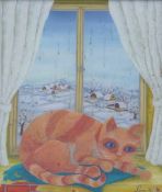 Liegende Katze vor Fenster, 1978Im Stil der Naiven Kunst gemalt, liegt eine rot gestreifte Katze auf