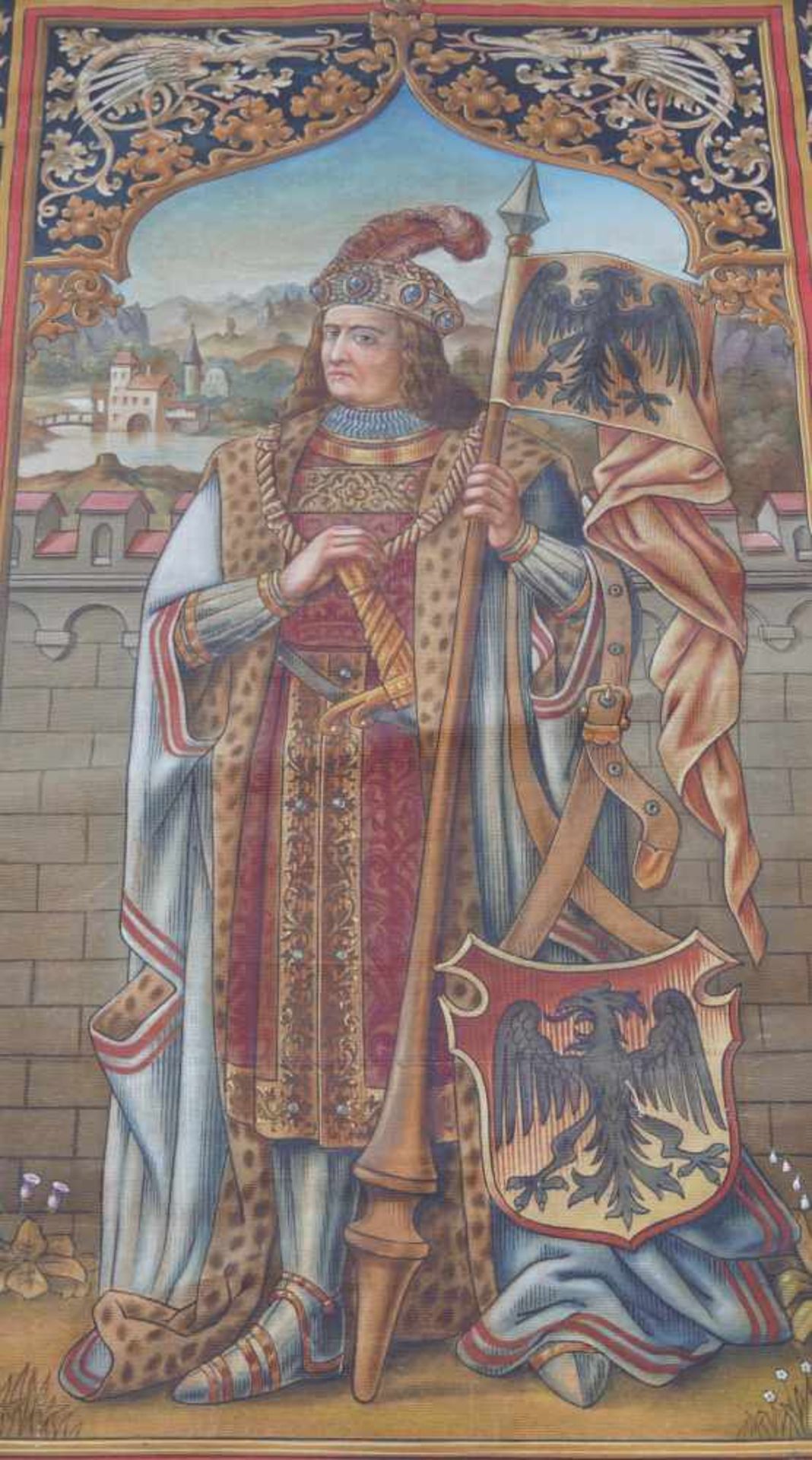 Wandteppich mit der Darstellung des Heiligen Maritius, 19. Jhd.Stoff, handbemalt, unten bez. " - Bild 2 aus 2