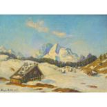 Eugen Dekkert (* 1865, † 1956): Berghütte im SchneeSigniert unten links "Eugen Dekkert", Öl auf