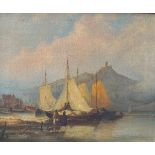 Maler des 19. Jhd.: Rheinansicht "Drachenfels" mit anlandenden Booten, 19.Jhd.Im Hintergrund eine