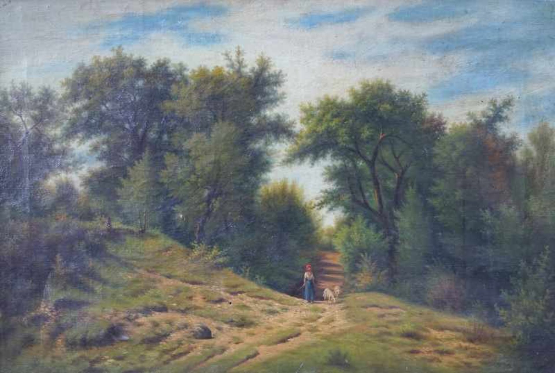 ital. Maler des 19. Jhd.: Schäferin auf einer Waldlichtung, 19. Jhd.Öl auf Leinwand, kleine Besch.