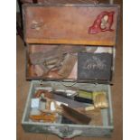 Two old wooden tool boxes with vintage tool contents