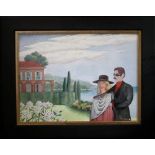 Figures in a Mediterranean Garden, dreamlike, quirky, surrealist painting by Peter Heaton. During