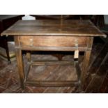 Antique oak side table, 2 plank top, single drawer, boxed stretchers