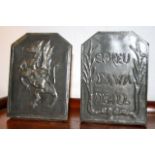 Pair of Arts and Crafts Welsh motto pewter bookends